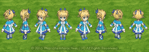 Serena rendered sprite turnaround with a grass background